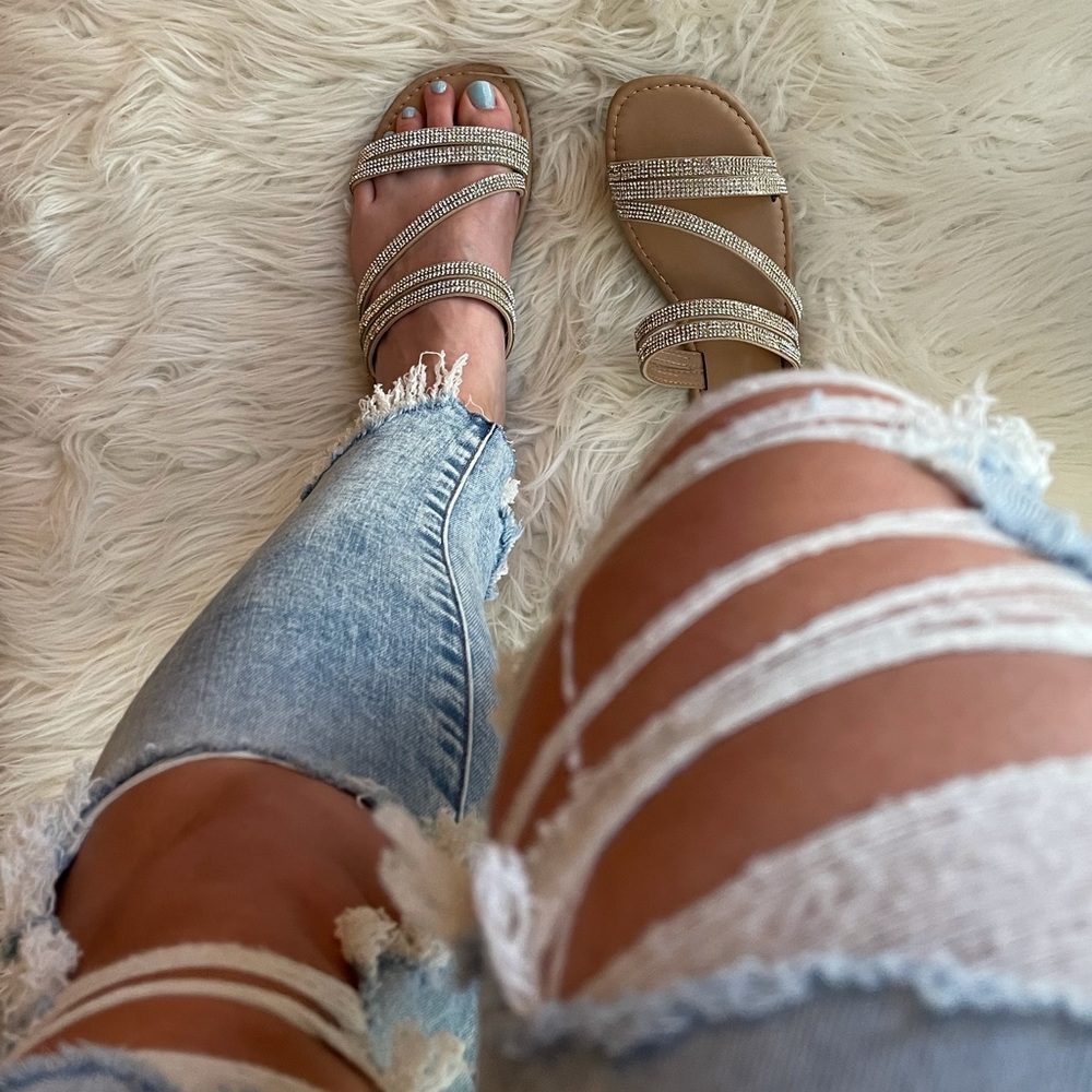 Square Toe Rhinestone Criss Cross Strap Sandals - Picture 16 of 16
